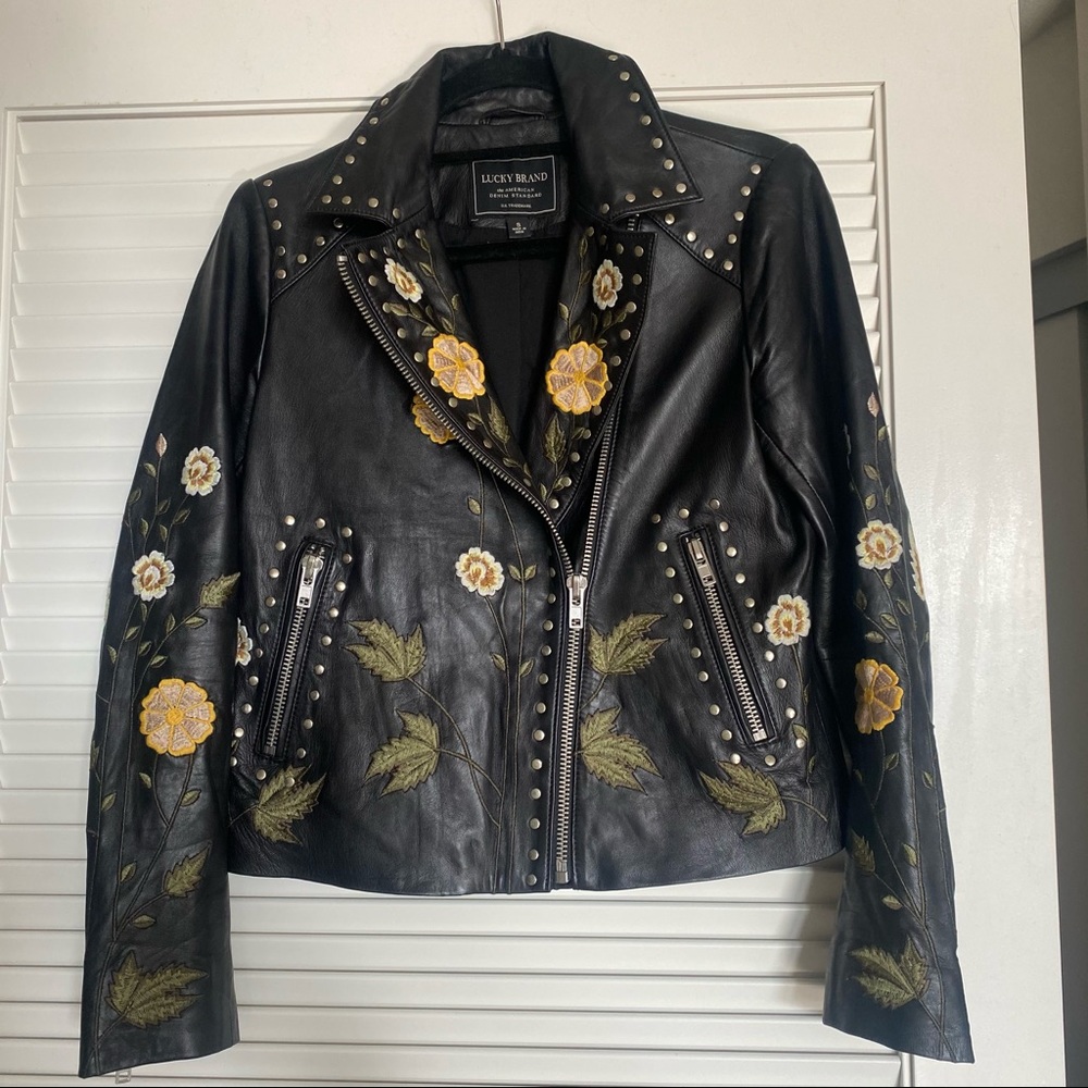 Lucky Brand Embroidered Leather Jacket
